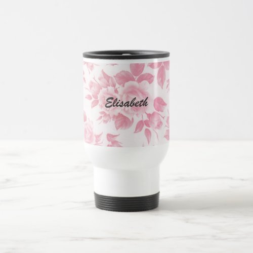 Boho vintage country chic white pink roses floral travel mug