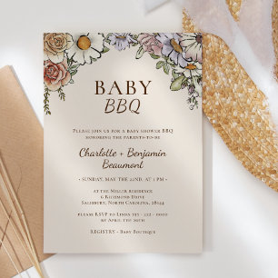 Boho Vintage Floral Beige Baby BBQ Baby Shower Invitation