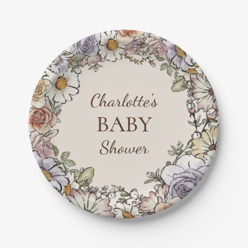 Boho Vintage Floral Beige Baby Shower Paper Plates