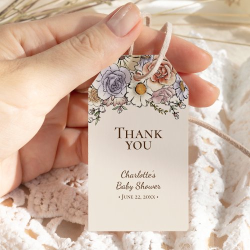 Boho Vintage Floral Beige Baby Shower Thank You Gift Tags