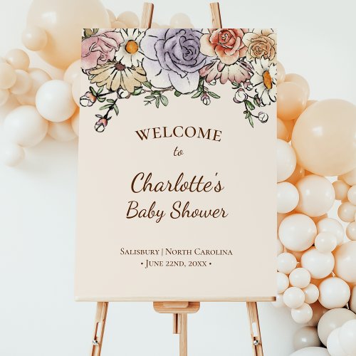 Boho Vintage Floral Beige Baby Shower Welcome Sign