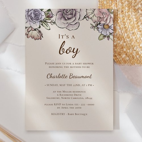 Boho Vintage Floral Beige Its A Boy Baby Shower Invitation