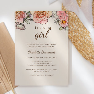 Boho Vintage Floral Beige It's A Girl Shower Invitation