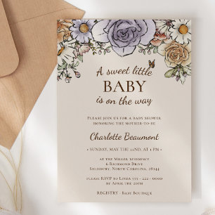 Boho Vintage Floral Beige Sweet Little Baby Shower Invitation
