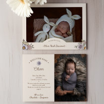 Boho Vintage Floral Beige Two Photo Birth Announcement