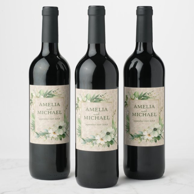 Boho Vintage Floral Botanical Wedding Wine Label (Bottles)