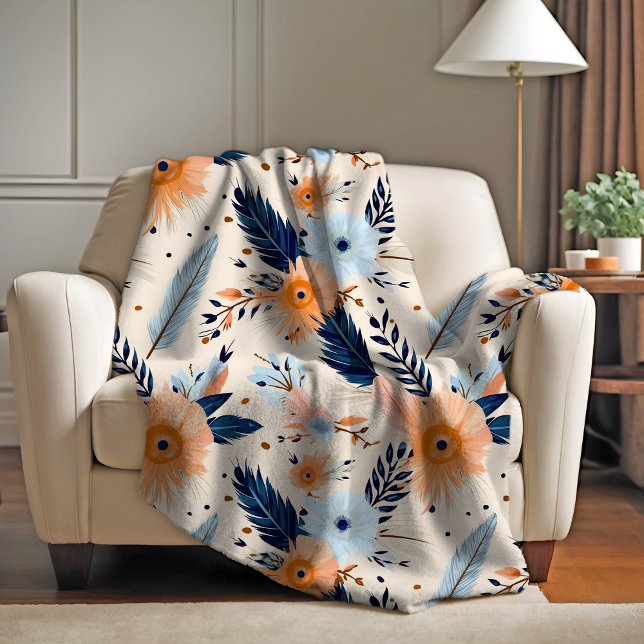 Boho Vintage Floral Feather Pattern Fleece Blanket (BOHO FEATHER FLORAL BLANKET)