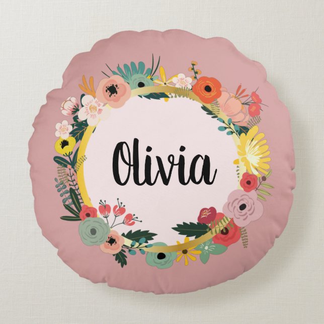 Boho vintage floral frame round pillow (Front)