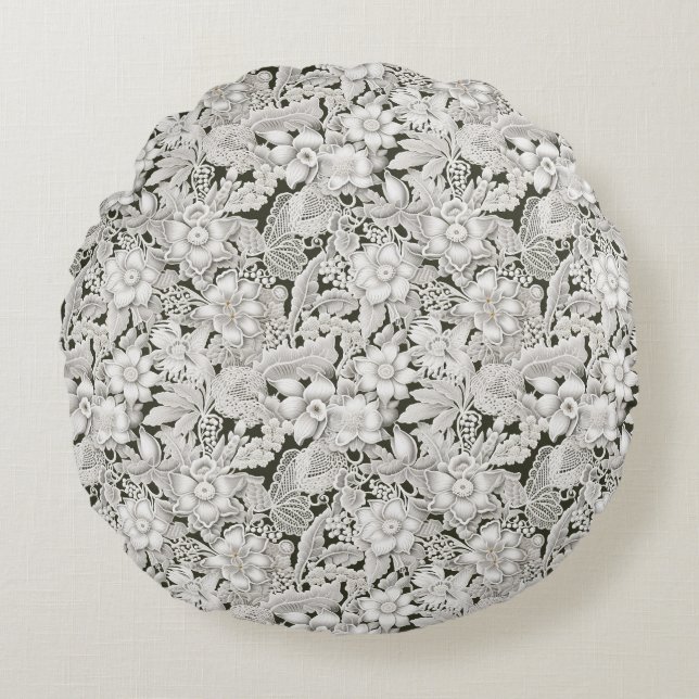 Boho Vintage Floral Lace Round Pillow (Front)