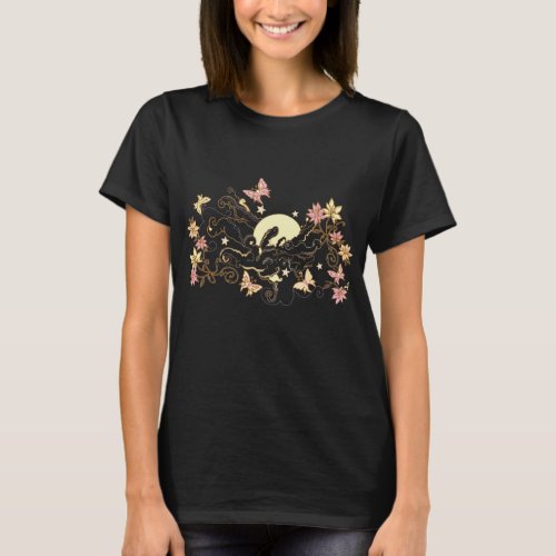 Boho Vintage Floral Moon and Ocean Waves T_Shirt