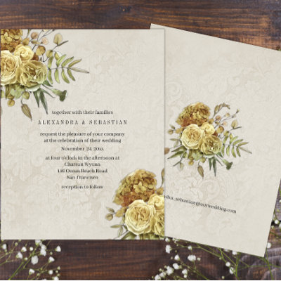 Boho Vintage Gold Roses and Cream Damask Wedding