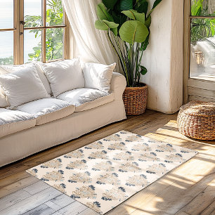 Boho Vintage Ikat Beige and Blue Floral Pattern Rug