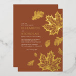 Boho Vintage Leaves Rustic Fall Terracotta Wedding Foil Invitation<br><div class="desc">Featuring minimalist autumn leaves line art. Terracotta is a popular color for weddings. Paired with accents of real gold foil this invitation is both sophisticated and vibrant. This terracotta wedding invitation is perfect for boho weddings and fall weddings. Add your custom wording to this design by using the "Edit this...</div>