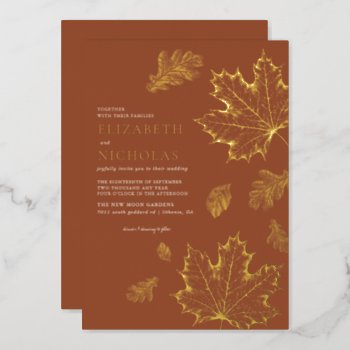 Boho Vintage Leaves Rustic Fall Terracotta Wedding Foil Invitation by IYHTVDesigns at Zazzle