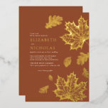 Boho Vintage Leaves Rustic Fall Terracotta Wedding Foil Invitation<br><div class="desc">Featuring minimalist autumn leaves line art. Terracotta is a popular color for weddings. Paired with accents of real gold foil this invitation is both sophisticated and vibrant. This terracotta wedding invitation is perfect for boho weddings and fall weddings. Add your custom wording to this design by using the "Edit this...</div>