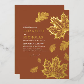 Boho Vintage Leaves Rustic Fall Terracotta Wedding Foil Invitation