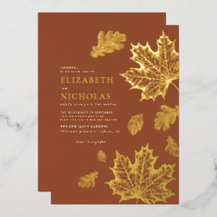 Boho Vintage Leaves Rustic Fall Terracotta Wedding Foil Invitation
