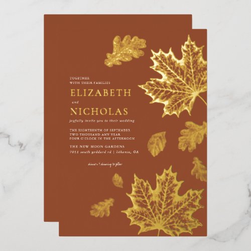 Boho Vintage Leaves Rustic Fall Terracotta Wedding Foil Invitation