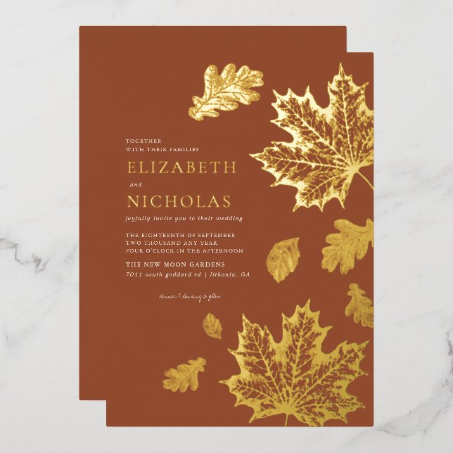 Boho Vintage Leaves Rustic Fall Terracotta Wedding Foil Invitation (Front/Back)