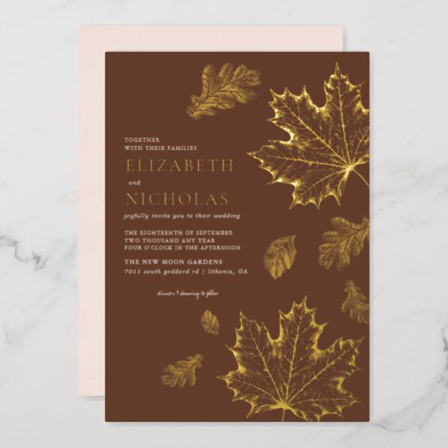 Boho Vintage Leaves Rustic Fall Terracotta Wedding Foil Invitation