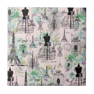 Boho vintage manequim black pink roses floral ceramic tile