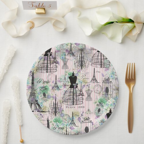 Boho vintage manequim black pink roses floral  paper plates