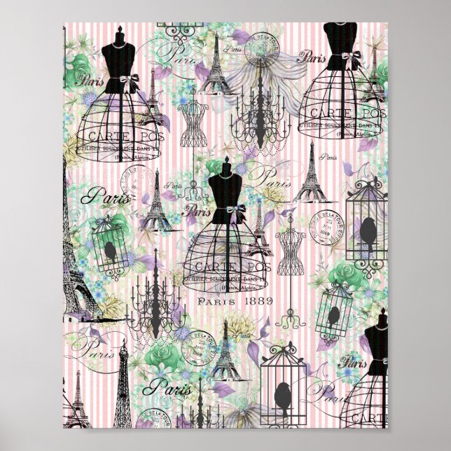 Boho vintage manequim black pink roses floral poster (Front)