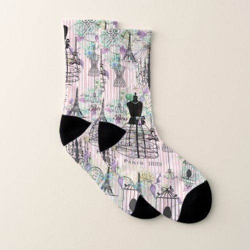 Boho vintage manequim black pink roses floral socks