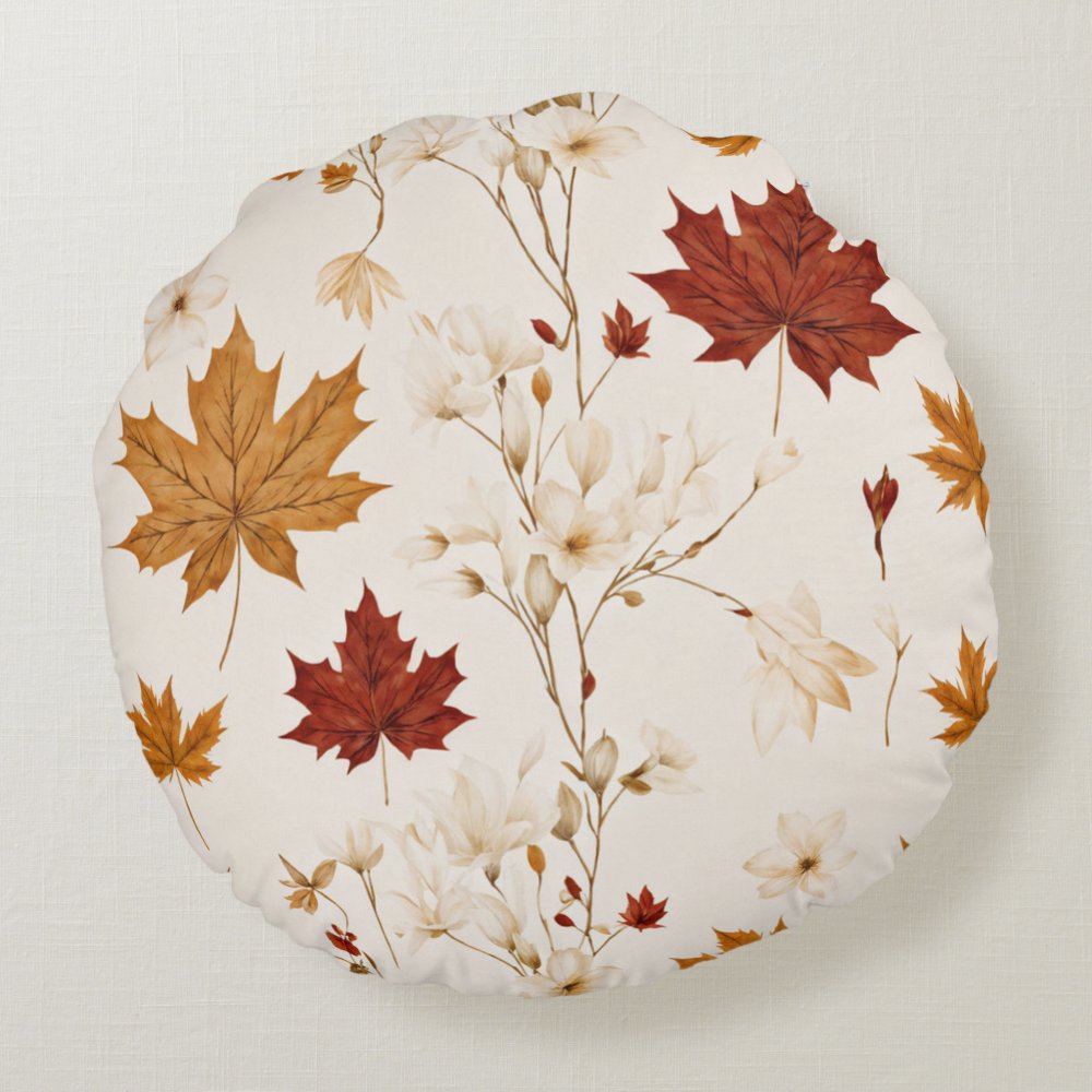 Disover Boho Vintage Maple Leaves Winter Floral Pattern Round Pillow
