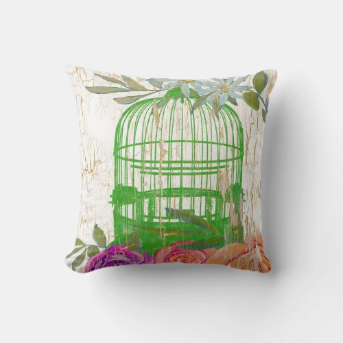 BOHO Vintage Modern Floral Bird Cage Wood Throw Pillow