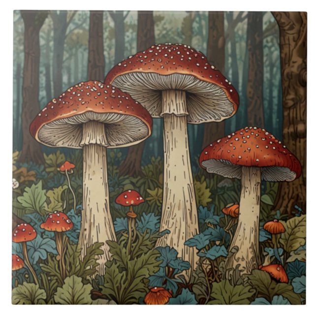 Boho vintage mushrooms woodland forest ceramic tile (Front)