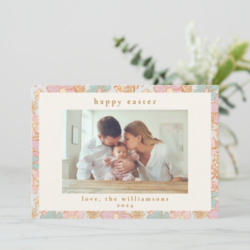 Boho Vintage Pastel Pink Blue Floral Easter Photo Holiday Card