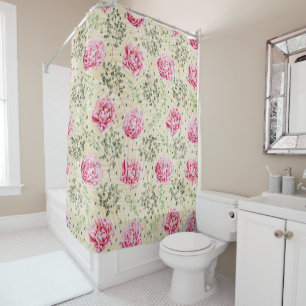 Boho vintage pink green tropical floral polka dots shower curtain
