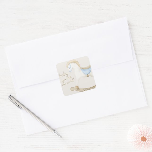 Boho Vintage Rocking Horse Cowboy Baby Shower Square Sticker (Envelope)