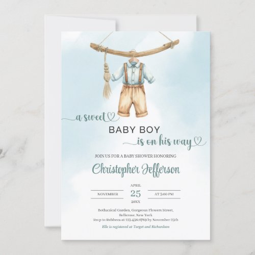 Boho vintage sage green neutral boy baby outfit invitation