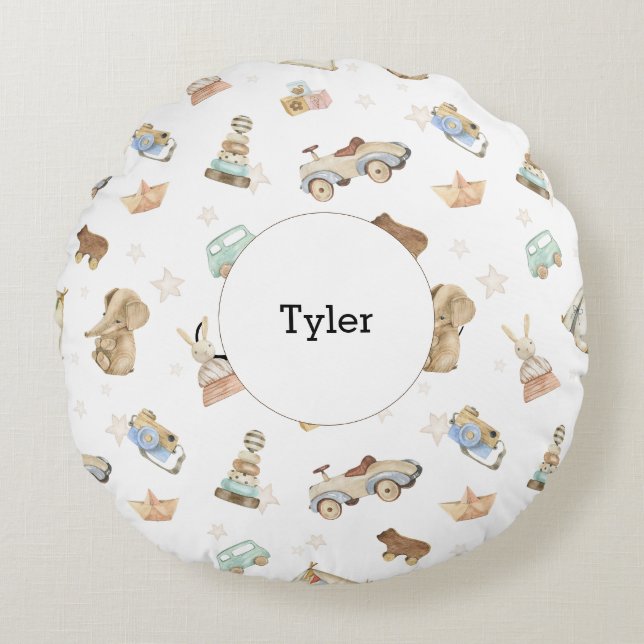 Boho Vintage Toys Baby Nursery White Round Pillow (Front)