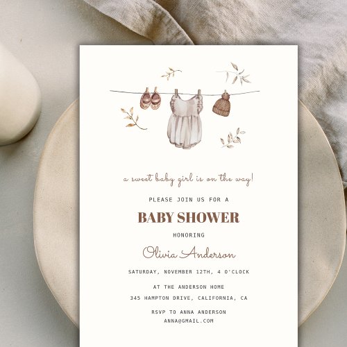 Boho Vintage Watercolor Girl Outfit Baby Shower Invitation