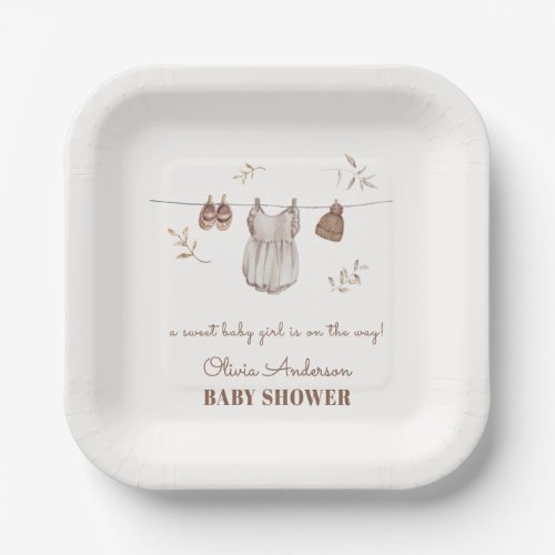 Boho Vintage Watercolor Girl Outfit Baby Shower Paper Plates
