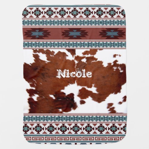 Boho Vintage Western Cowhide Name Baby Blanket