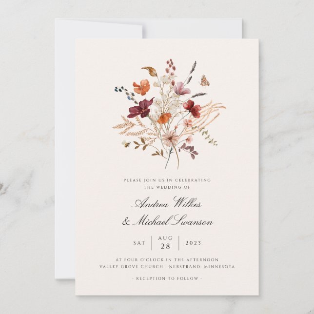 Boho Vintage Wildflower Fall Wedding Invitation (Front)