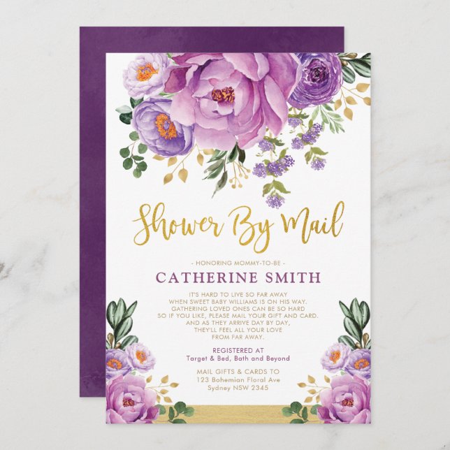 Boho Violet Gold Floral Girl Baby Shower By Mail Invitation (Front/Back)