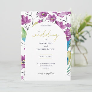 Boho Violet Turquoise Wildflowers Watercolor Art Invitation