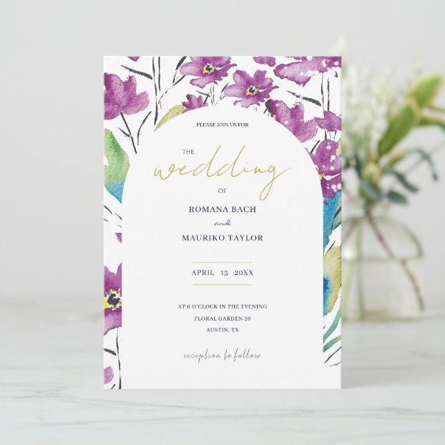 Boho Violet Turquoise Wildflowers Watercolor Art Invitation (Standing Front)