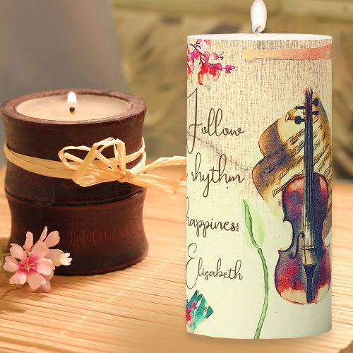 Boho Violin Flowers Collage With Message Pillar Candle