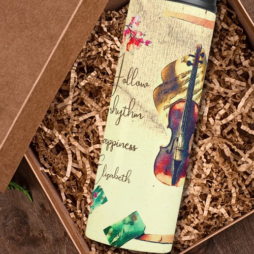 Boho Violin Flowers Collage With Message Thermal Tumbler