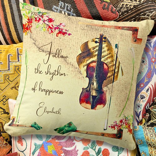 Boho Violin Flowers Collage With Message Throw Pillow