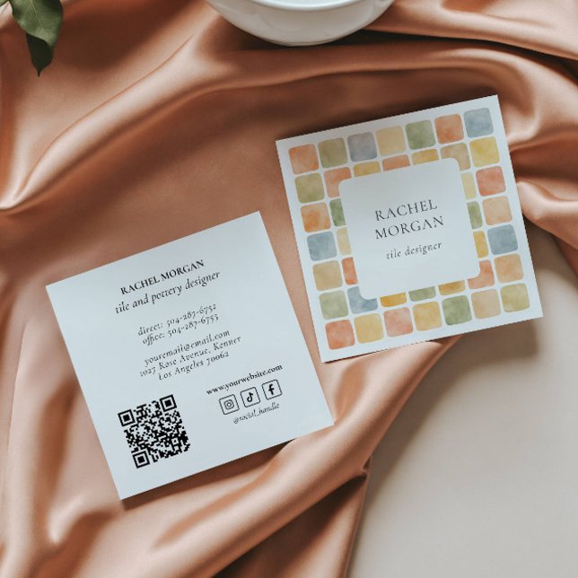 Boho Warm Pastel Tiles Pottery Socia ICONS QRCODE Square Business Card (Creator Uploaded)