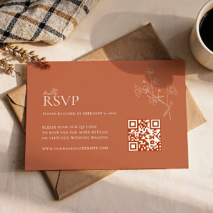 Boho Warm Sienna Terracotta Floral Qr Code Wedding RSVP Card
