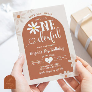 Boho Warm Tone Arch Daisy Onederful First Birthday Invitation