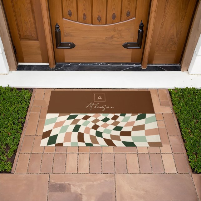 Boho Warped Checkerboard Personalized Monogram Doormat (Outdoor)
